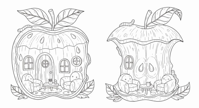Black and white line art illustration of whimsical apple houses featuring a cross-section interior with armchairs and an eaten core home with tiny worms for coloring book page.
