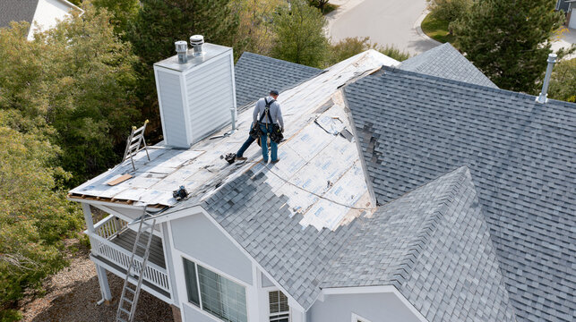 Roofing contractor working on a residential home during roof replacement.