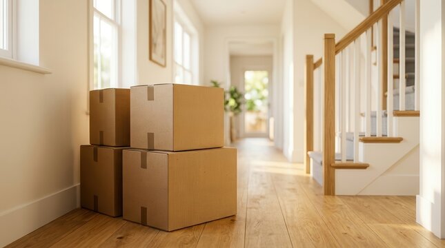 A row of stacked cardboard moving boxes in a bright, empty room.