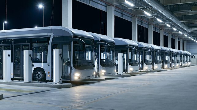Fleet of electric buses charging in a modern depot at night.