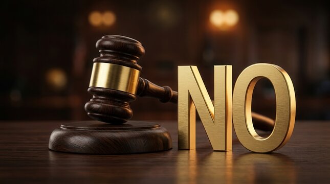 Legal refusal concept with a polished wooden gavel and metallic gold NO lettering.