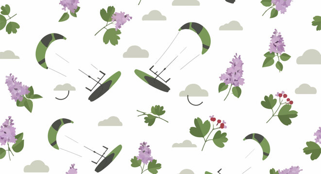 Colorful kites and flowers seamless pattern design.