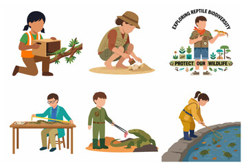 Herpetology and wildlife conservation illustration set featuring people studying reptiles, feeding Komodo dragons, releasing iguanas, and uncovering fossils for environmental education. © MochHilmi
