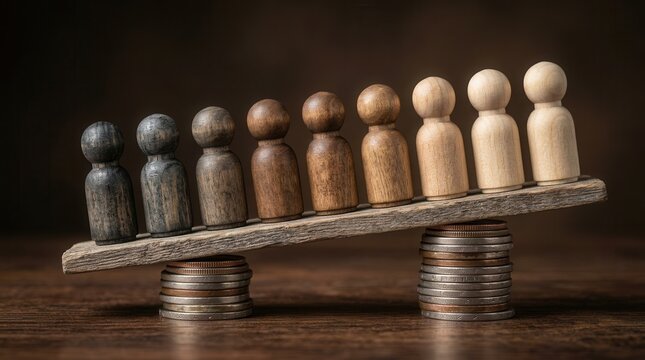Social inequality and economic gap visualized with wooden human figures on a tilted plank.