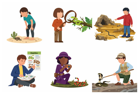 Set of flat illustrations featuring children and researchers observing, studying, and photographing various snake species in different nature habitats.