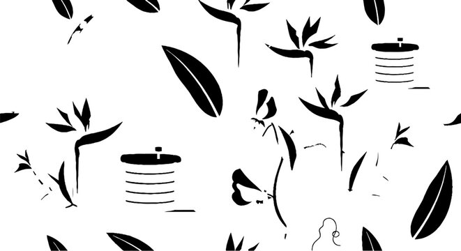 Black and white bamboo leaves and spool illustration.