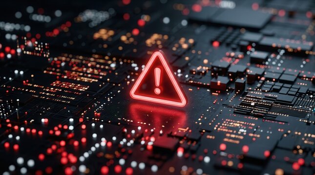 Fraud detection concept with a red warning triangle symbol on a glowing digital matrix of data.