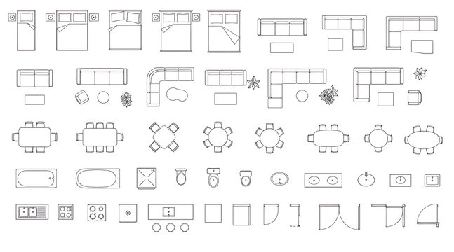 Architectural floor plan icons set, interior design furniture symbols for blueprint layout, minimalist home furnishing line art collection isolated on White Background ai
