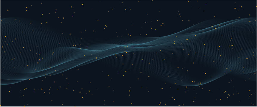 Abstract background with a flowing wave of particles and golden dust, digital technology concept, futuristic data stream, network connection, 3d render