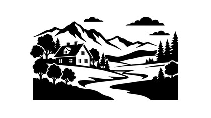 Fototapeta premium black and white mountain landscape with house and winding path illustration