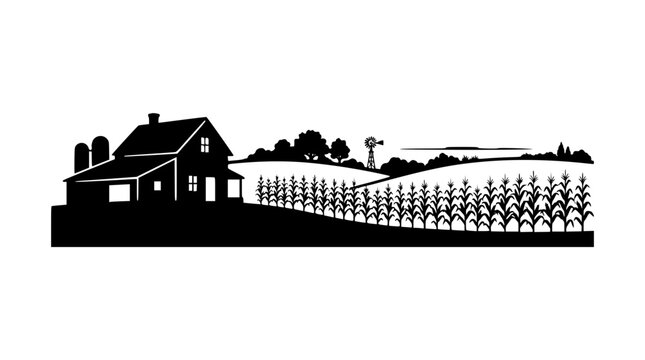 Farm landscape silhouette with farmhouse corn field and windmill