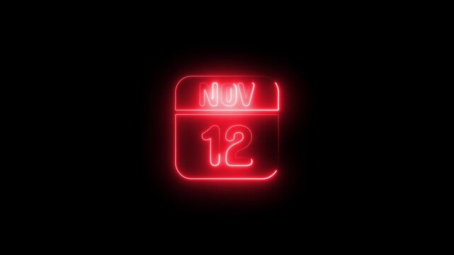 Glowing neon calendar date november 12th animation