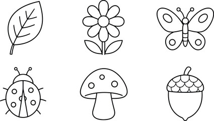 Set of simple line art nature icons including leaf flower butterfly ladybug mushroom acorn © Simu Store
