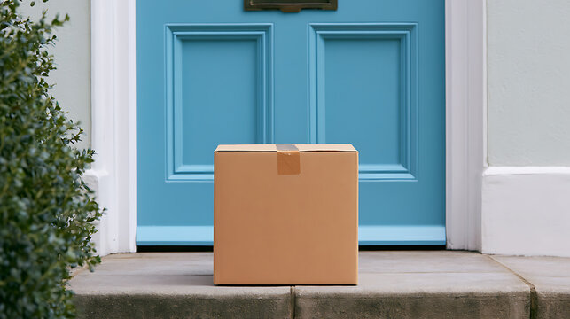 A solitary brown cardboard package sits on a doorstep in front of a vibrant blue door, ready for delivery or pickup at home