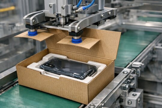 A cell phone packaged and ready for shipping on a conveyor belt
