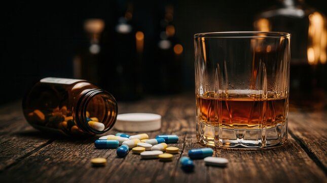 Drug abuse and addiction concept featuring a glass of liquor, spilled pill bottle, and scattered pills on wood.