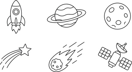 Obraz premium Set of space icons including rocket planet moon star comet and satellite line drawings