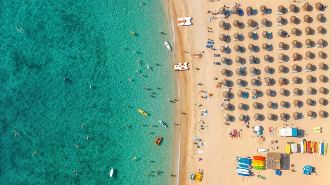 Beach resort with turquoise water and rows of sun umbrellas. Bird's eye view of summer vacation destination with people swimming and relaxing on sandy shore.