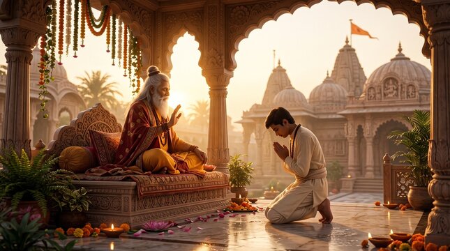 Guru purnima guru blessing kneeling disciple in flower decorated temple courtyard for hindu relegious festival devotion respect wisdom and sacred tradition