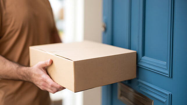Delivery person hold a plain brown cardboard box to a blue door, symbolizing efficient and quick home delivery service, close up, selective focus