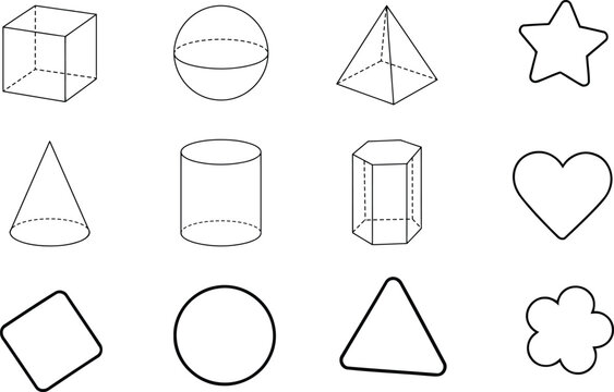 Set of basic geometric shapes and 3d objects including cube sphere pyramid and cylinder
