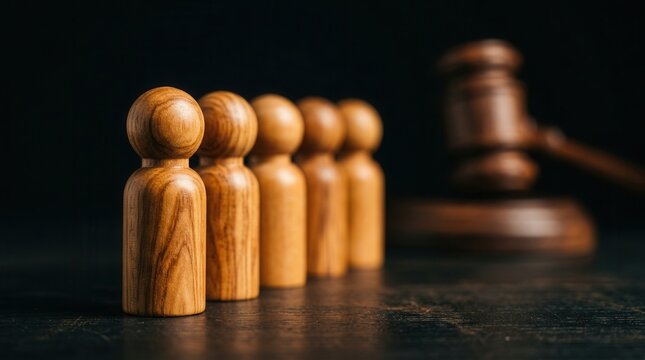 A concept of fairness and law in employment activities featuring wooden figures and a judge gavel.