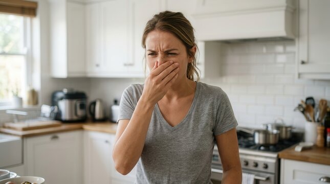 Homemaker experiencing repulsion from a bad smell in a modern kitchen setting.