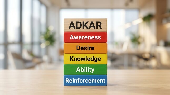 Colorful wooden blocks displaying the ADKAR stages for successful organizational change and transformation.