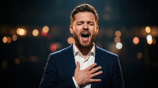 A handsome opera singer singing with intense emotion and vocal power.