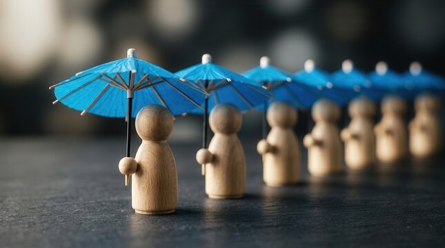 A row of blue umbrellas shielding wooden figures to symbolize group insurance.
