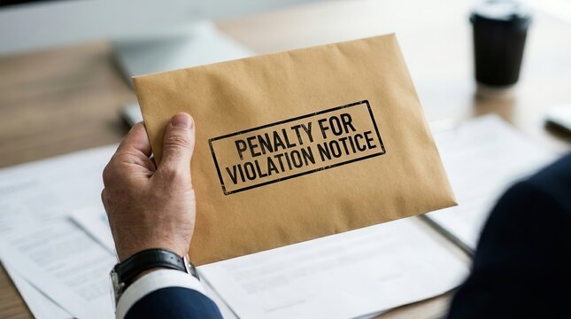 An official warning envelope for penalty for violation notice indicating financial consequence and breach.