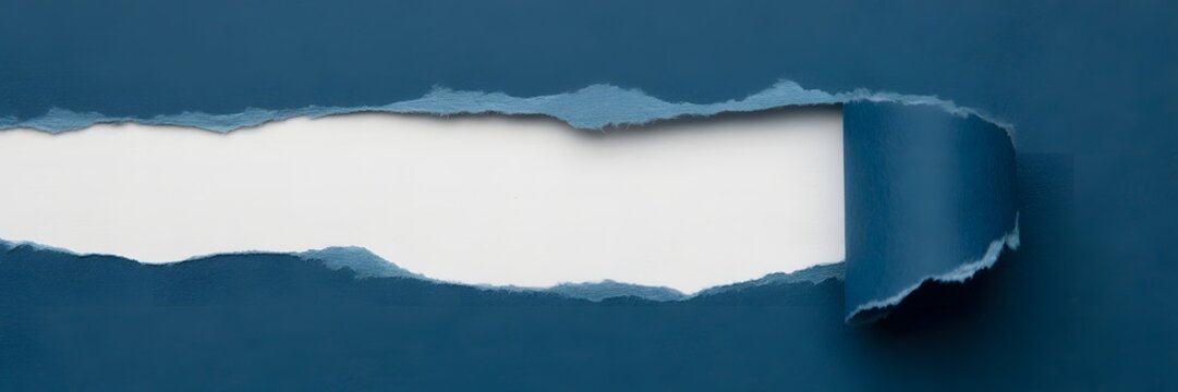 Textured dark blue paper ripped horizontally revealing a bright white blank space for important message