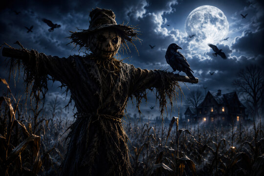 Creepy scarecrow with a raven perched on its arm standing in a dark cornfield under a full moon, halloween horror night background