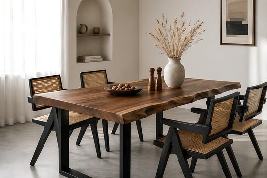 Rustic live edge wood dining table, modern minimalist dining room interior, elegant walnut wood furniture with rattan chairs and neutral decor isolated on White Background ai