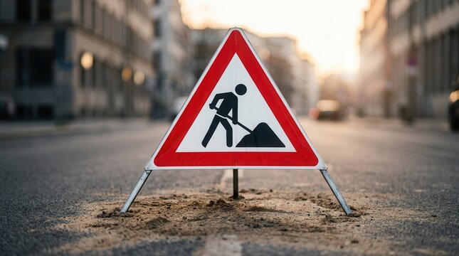 Safety roadwork sign positioned on an urban street for upcoming construction work.