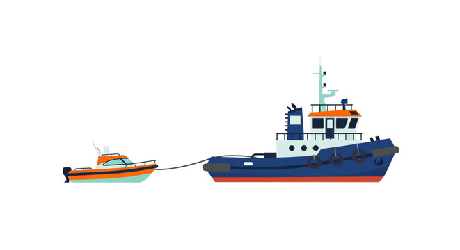 Tugboat towing a small orange rescue boat at sea.