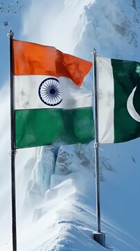 state flags of india and pakistan waving on durable metal flagpoles on a snowy mountain peak against a glacier and ice blocks on a clear sunny windy day