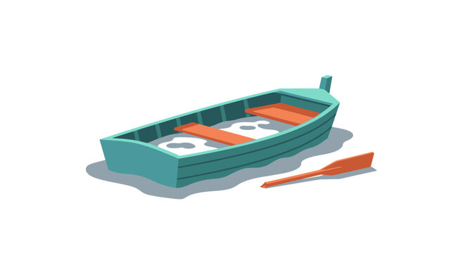 Green rowboat with orange seats and oars on flat surface.