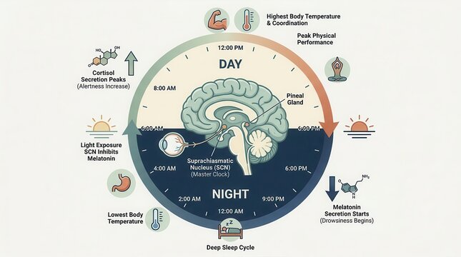 Circadian rhythm cycle infographic showing melatonin, cortisol peaks, and body temperature variations.