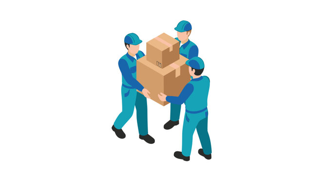 Workers carrying large cardboard boxes together.