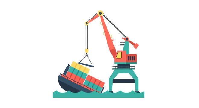 Crane lifting shipping container from cargo ship at port.