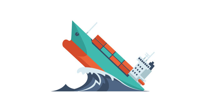 Colorful cargo ship sinking in ocean waves illustration.