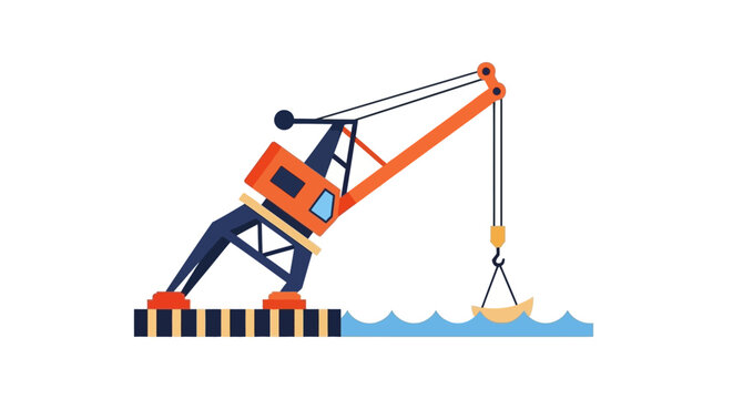 Construction crane lifting heavy load over water.