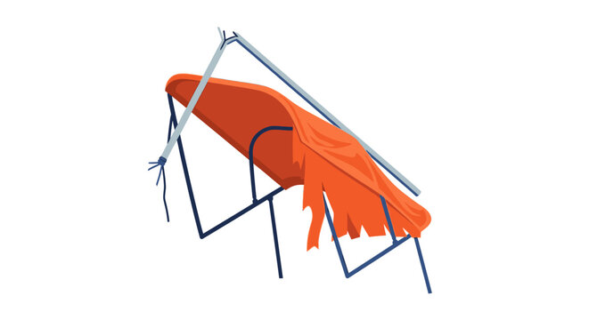 Orange life jacket on metal stand for display.