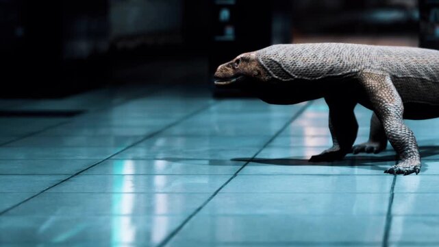 A large lizard walks slowly on the smooth tiles inside a building. The lighting is low and creates reflections on the floor. This appears to happen at night, adding a mysterious feel.