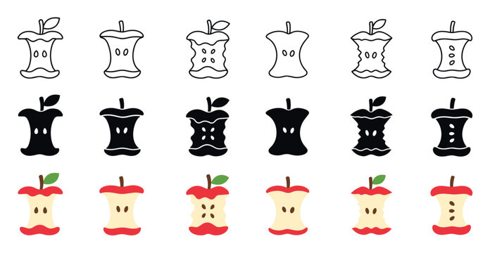 Apple core icons in different design styles including outline, solid black silhouette, and flat color illustrations for creative graphic design projects