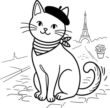 Adorable Hand Drawn Cat Wearing a French Beret Standing on a Cobblestone Street in Paris Coloring Page