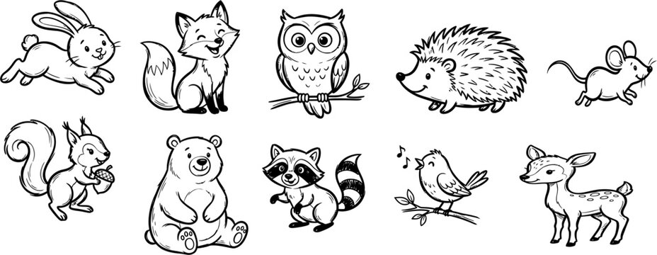Charming Hand-Drawn Forest Friends A Set of Adorable Black and White Woodland Animal Illustrations for Children's Designs