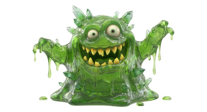 Green Slime Monster with Spikes and Toothy Grin Isolated on White Background