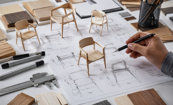 Furniture design process with miniature chair models, architect hand sketching on technical blueprints, interior design material samples and tools isolated on White Background ai